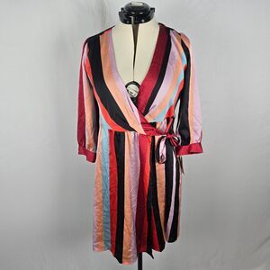 Bar III Dress Women's M Multi Color Striped Wrap Dress Short Long Sleeve NWT